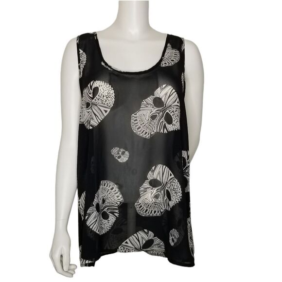 Live 4 Truth White Skull Print Black Sheer Sleeveless Back Bow Ruffle Top Size L - Picture 1 of 16